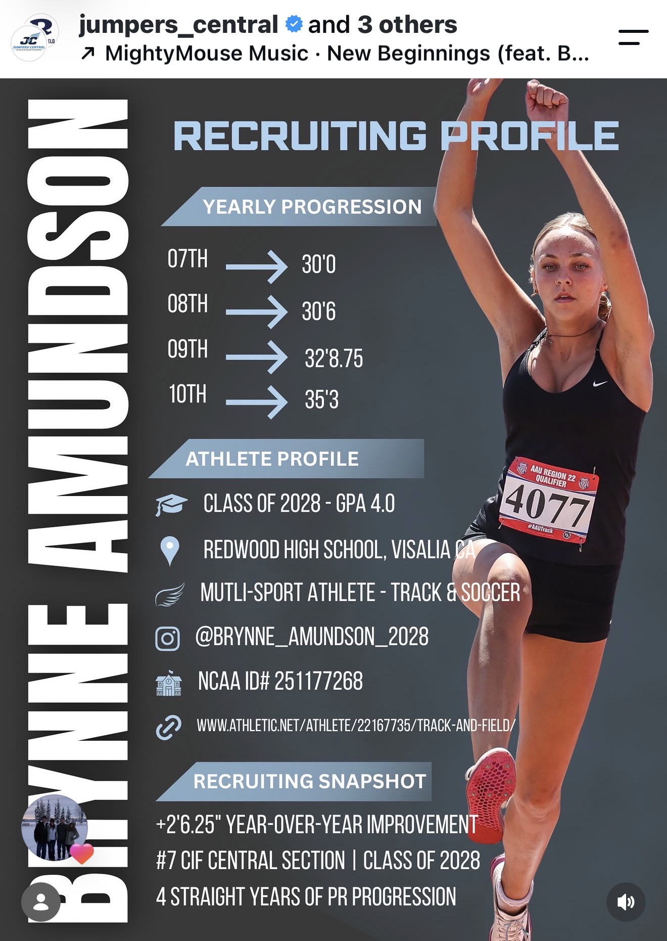 Example Jumpers Central recruiting profile poster featuring athlete marks, academics and contact info